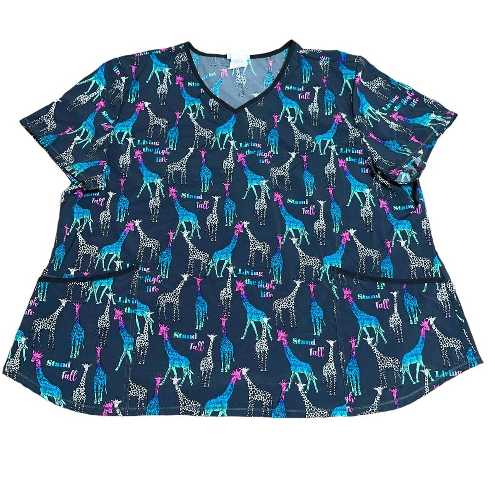 Gray Pink Blue Giraffe Print Plus Sz 3XL Scrub Shirt Top Nurse Vet Xray Tech